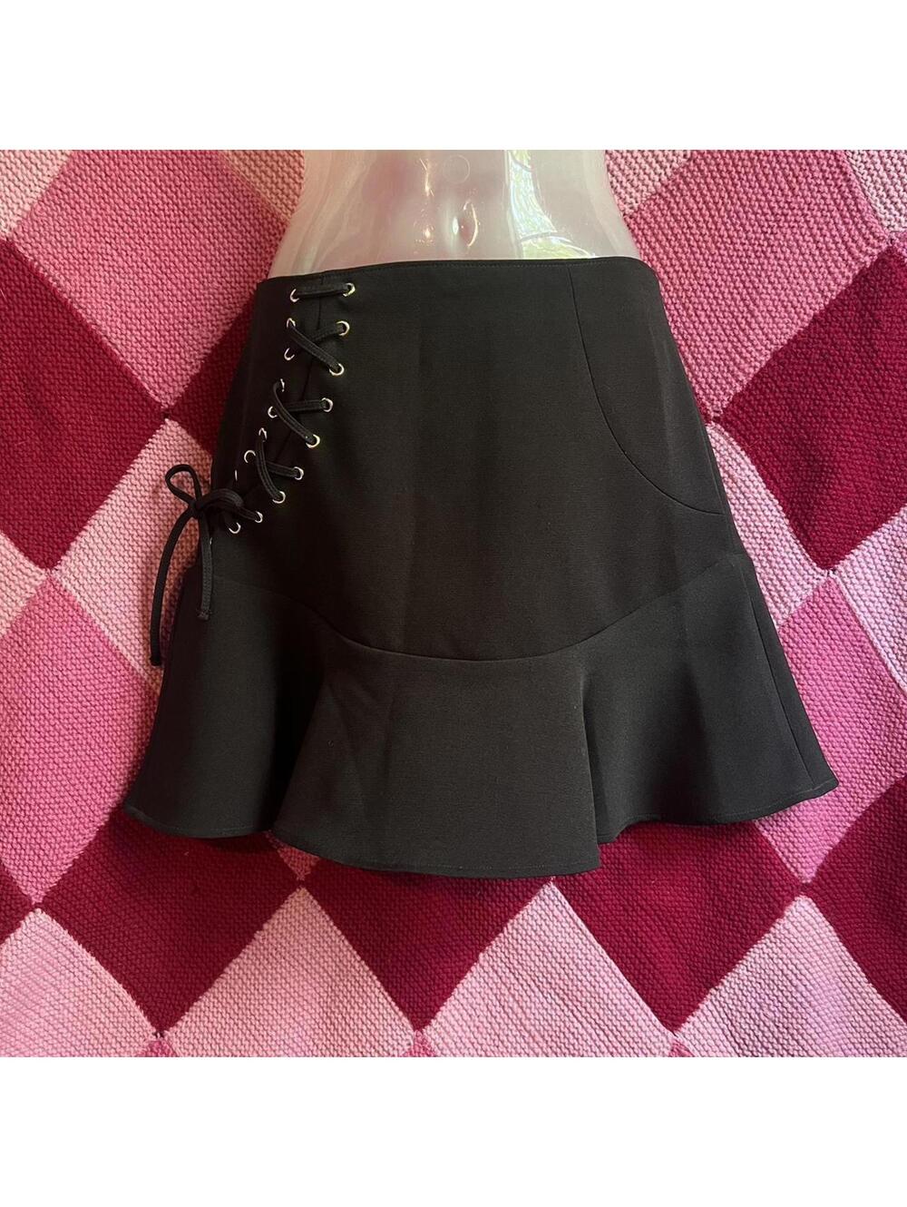 black lace up flare mini skirt